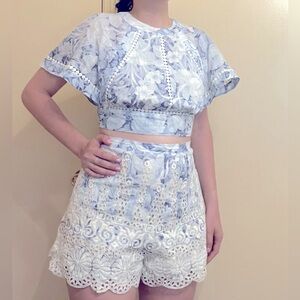 Zimmermann Cotton Two Piece Co-Ord Blue Floral Printed Crop Shorts Set Size 1 💙🤍